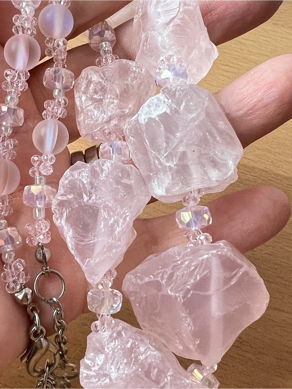 HUGE VINTAGE ROUGH ROSE QUARTZ SAPHIRET AURORA BOREALIS CRYSTAL BEADS NECKLACE